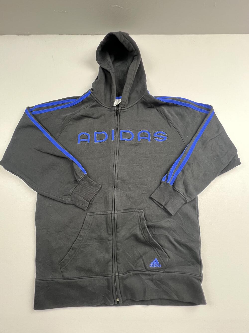 Adidas Hoodie Youth XL 15-16Y Black Full Zip Fleece ADIDAS Logo Stripes